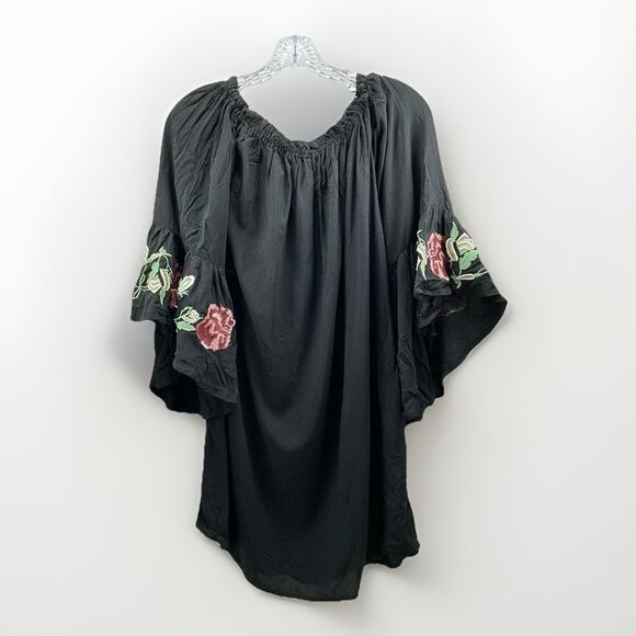 Blue Rain Women’s Black Boho Peasant Dress Small Bell Sleeves Floral Embroidered - Picture 1 of 7